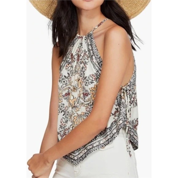 Free People Halter Top Small Ivory Floral Print Boho Tie Back Sleeveless Blouse - Picture 1 of 11
